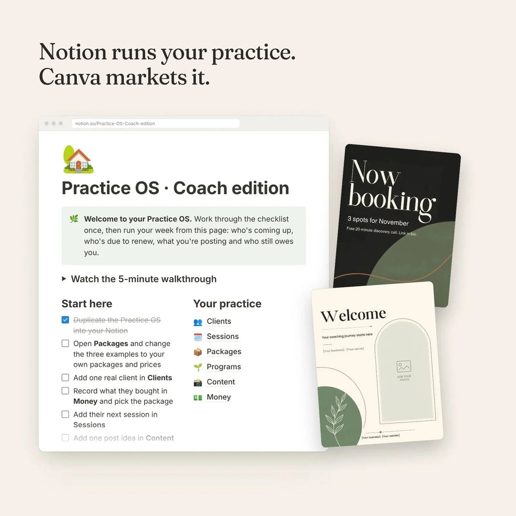 All-Access: the Practice OS in Notion beside Canva Instagram and welcome templates