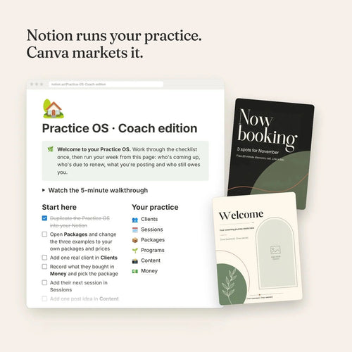 All-Access: the Practice OS in Notion beside Canva Instagram and welcome templates