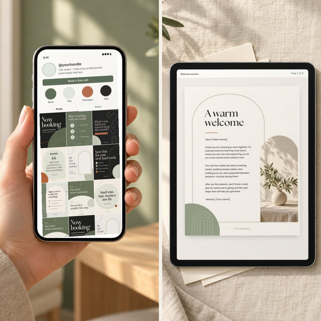 The Coach Instagram Kit on a phone beside the Client Welcome Kit on a tablet