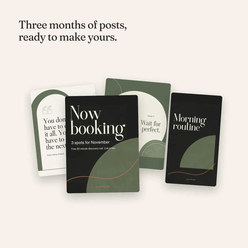 Coach Instagram Kit: Canva post templates and a Reels cover in sage, linen and clay