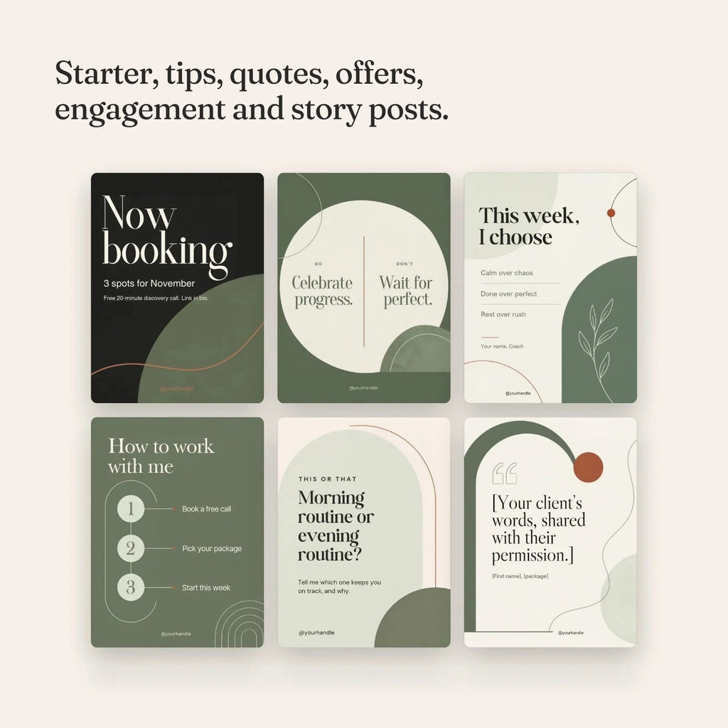Six Instagram post templates, one from each set: starter, tips, quotes, offers, engagement and story