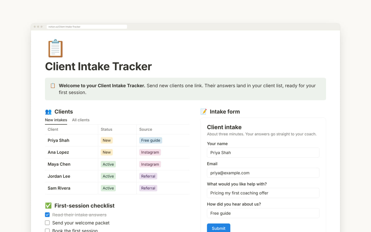 The Client Intake Tracker in Notion: new intakes in the client list, the first-session checklist and the intake form