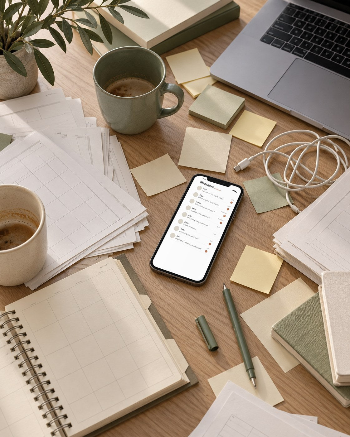 A cluttered desk: a phone full of unread client messages, loose papers, sticky notes and cold coffee