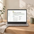 The Practice OS Coach edition dashboard open in Notion on a laptop on an oak desk