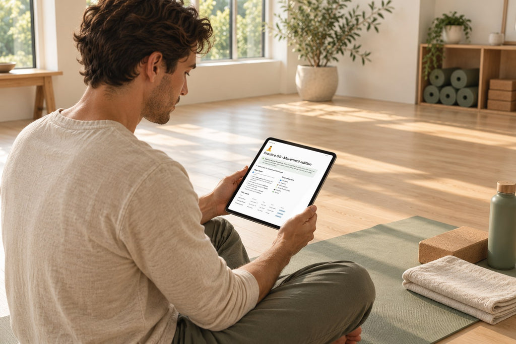 A yoga teacher on his mat planning classes in the Practice OS Movement edition on a tablet