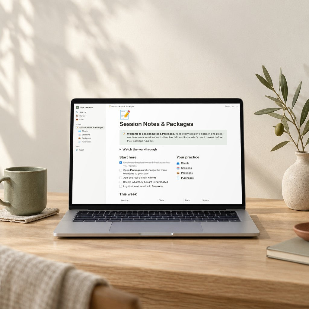 Session Notes and Packages open in Notion on a laptop on an oak desk