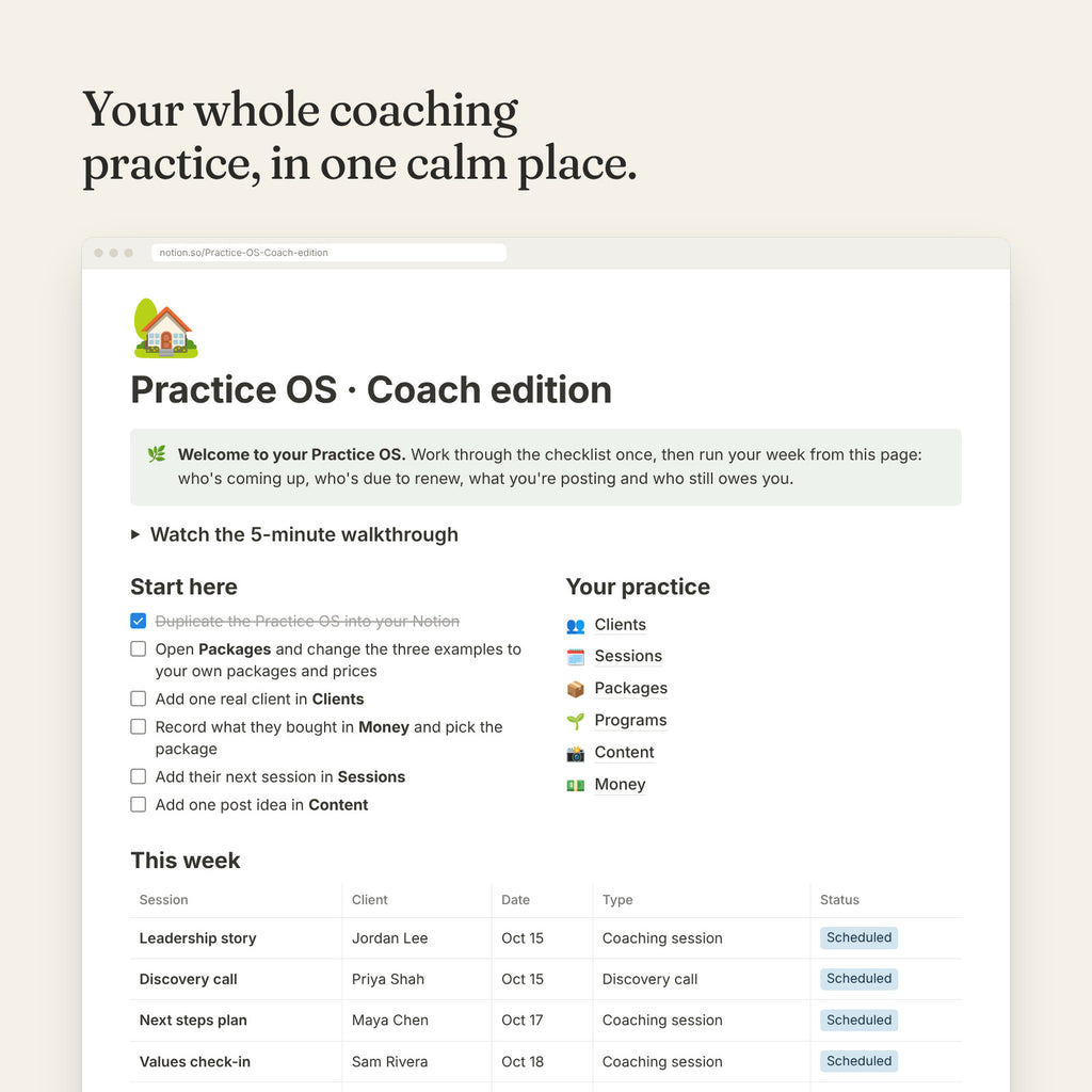 Practice OS Coach edition dashboard in Notion: welcome checklist, your practice databases and this week's sessions