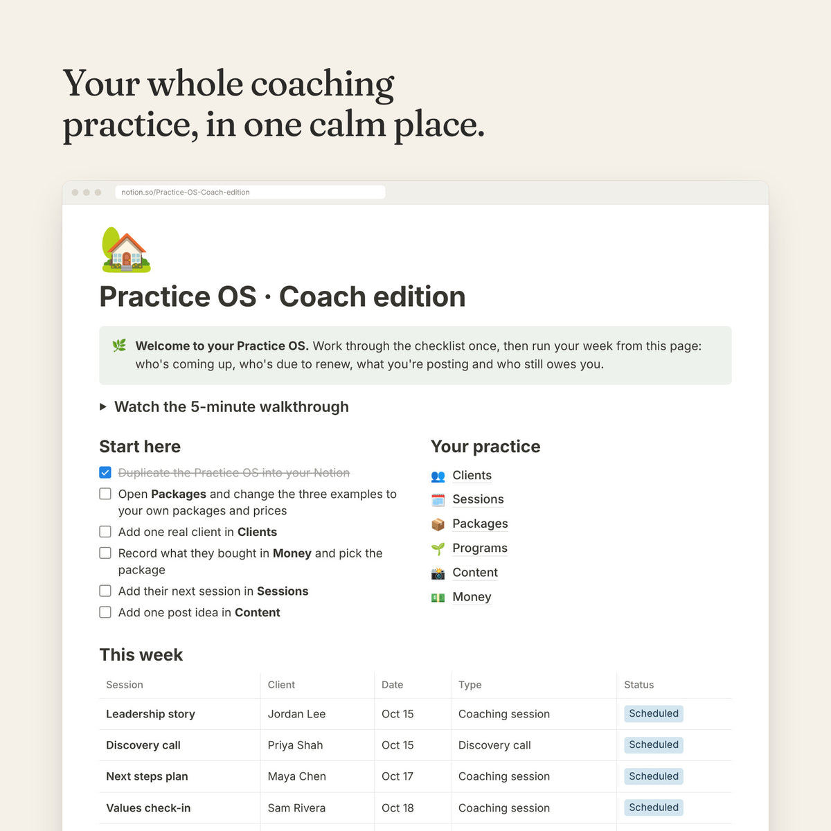 Practice OS Coach edition dashboard in Notion: welcome checklist, your practice databases and this week's sessions