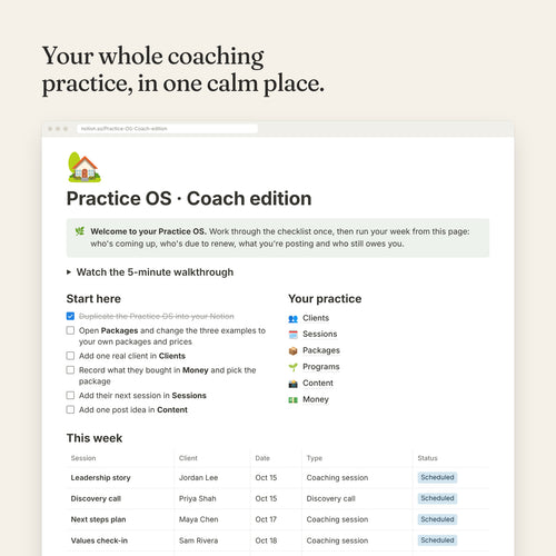 Practice OS Coach edition dashboard in Notion: welcome checklist, your practice databases and this week's sessions