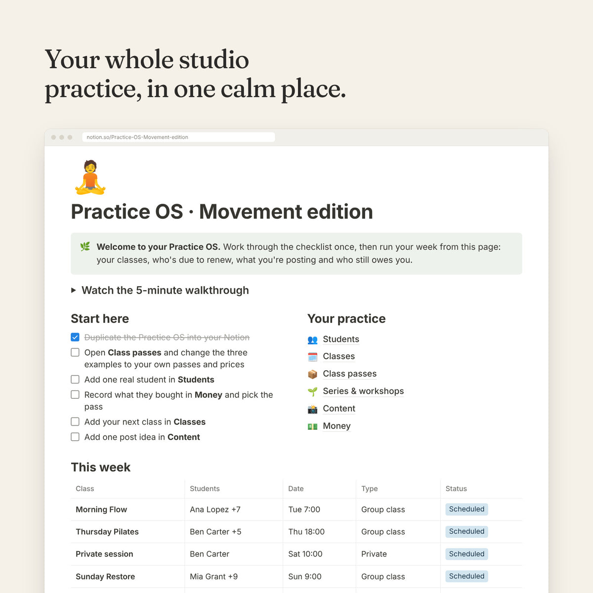 Practice OS Movement edition dashboard with students, classes and class passes