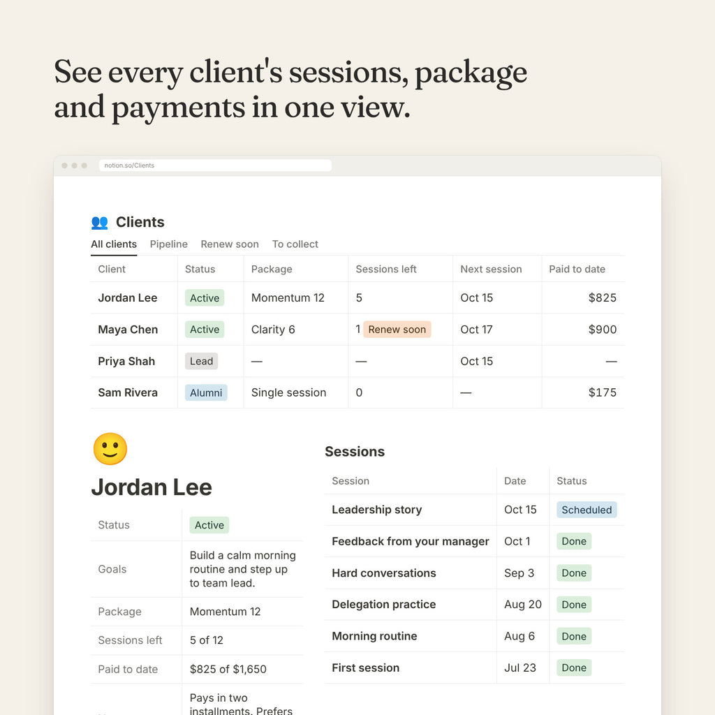Clients database showing package, sessions left, next session and paid to date, with a client page