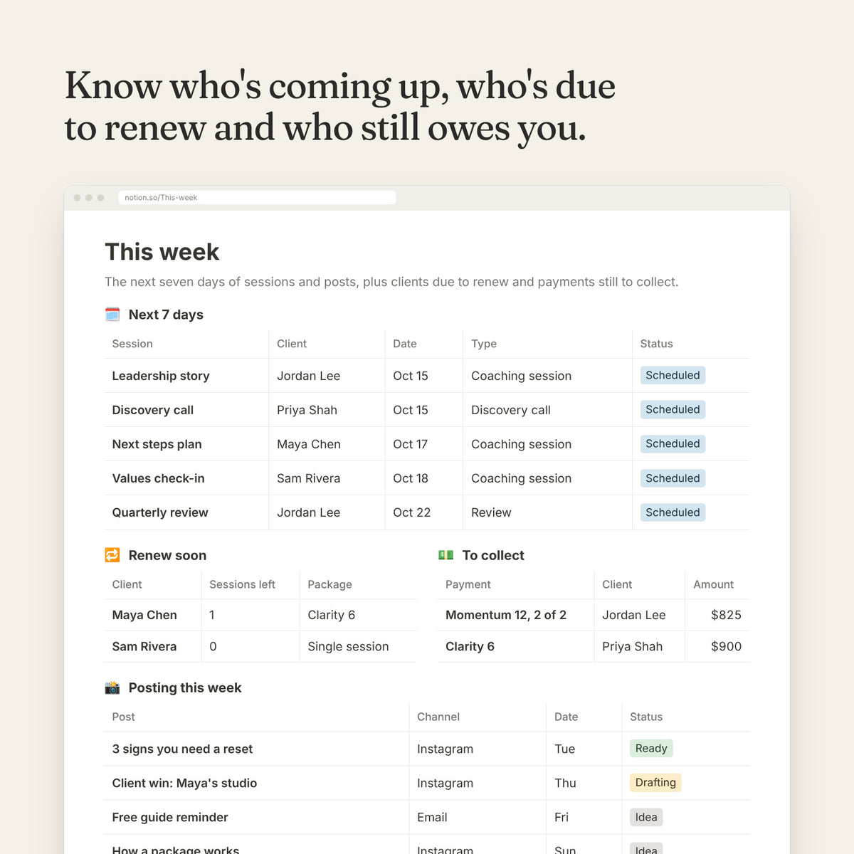 This week page with upcoming sessions, clients due to renew, payments to collect and posts
