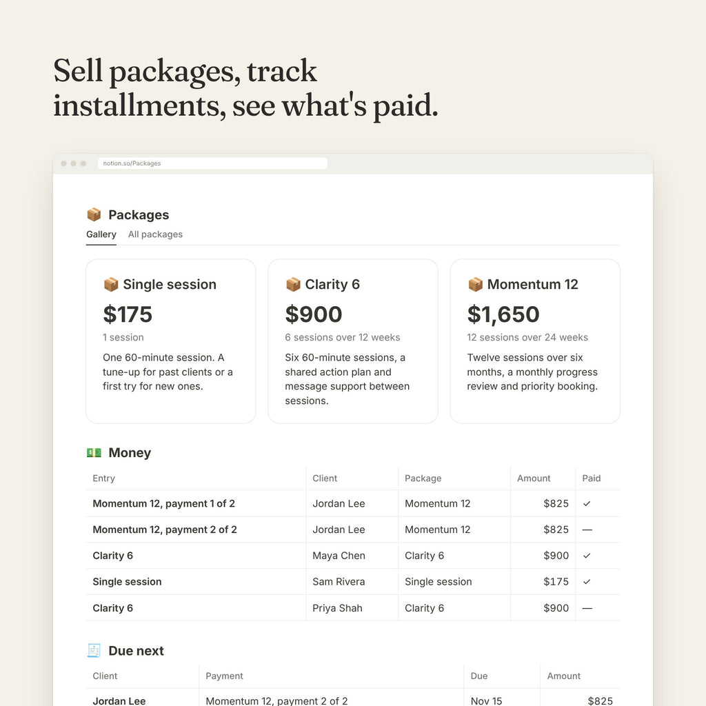 Packages gallery with prices and a money table tracking installments