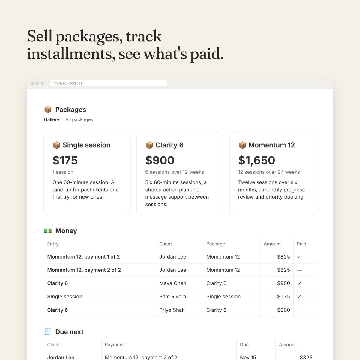 Packages gallery with prices and a money table tracking installments