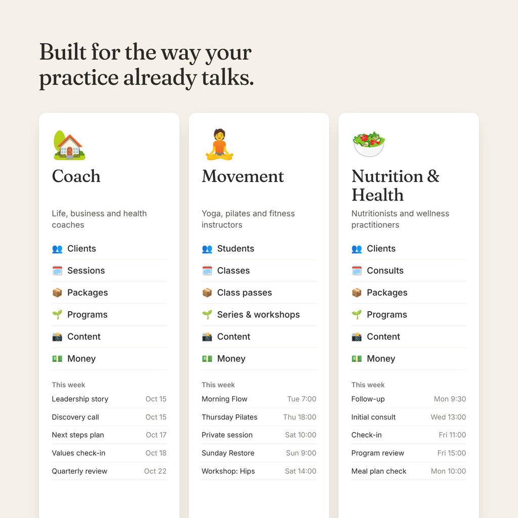 The three Practice OS editions: Coach, Movement, and Nutrition and Health