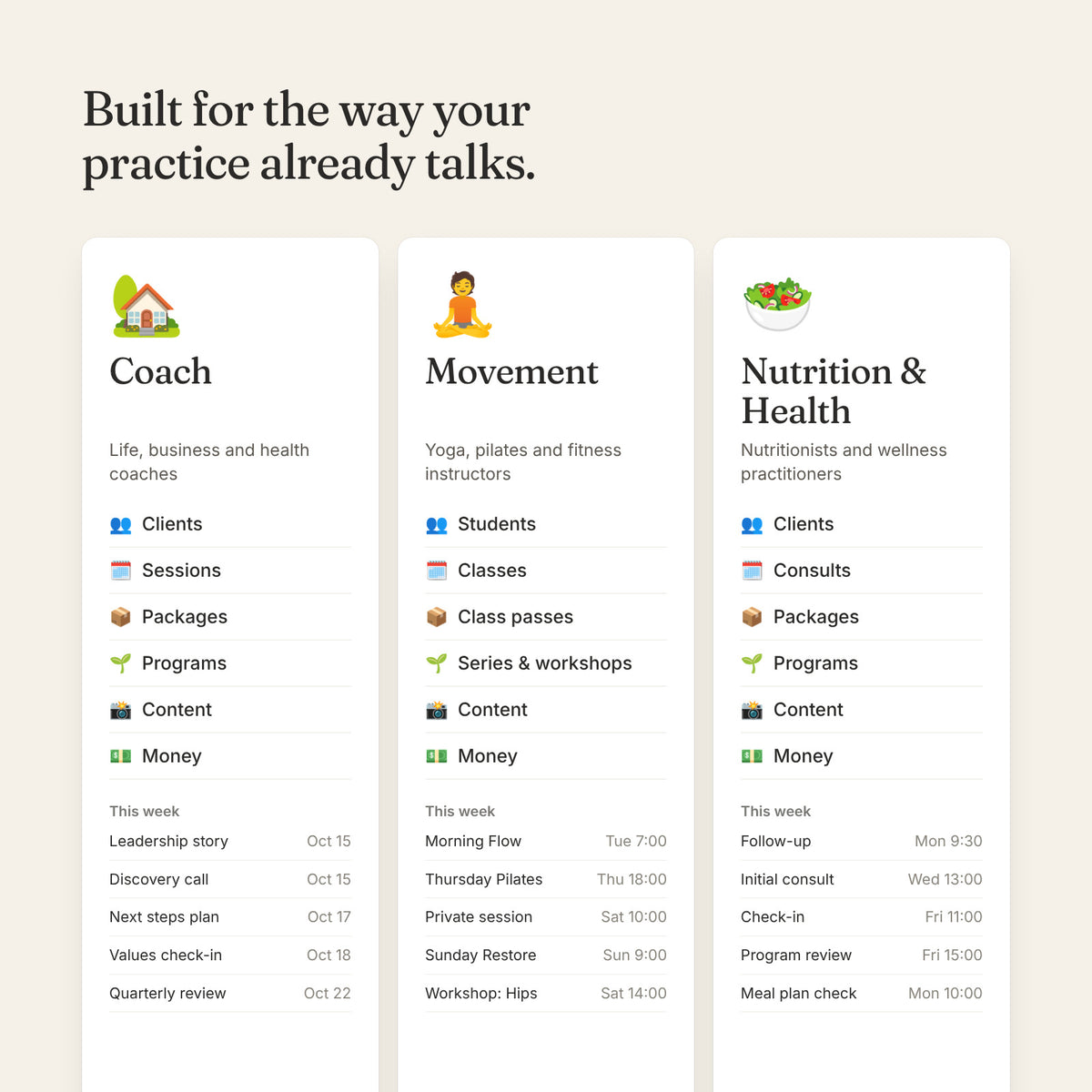 The three Practice OS editions: Coach, Movement, and Nutrition and Health