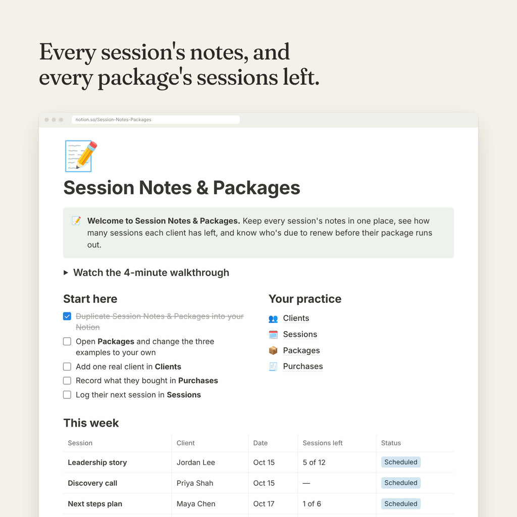 Session Notes and Packages dashboard in Notion with checklist and this week's sessions