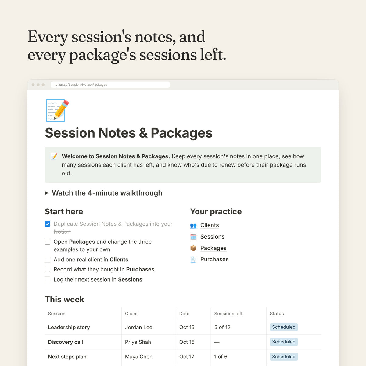 Session Notes and Packages dashboard in Notion with checklist and this week's sessions