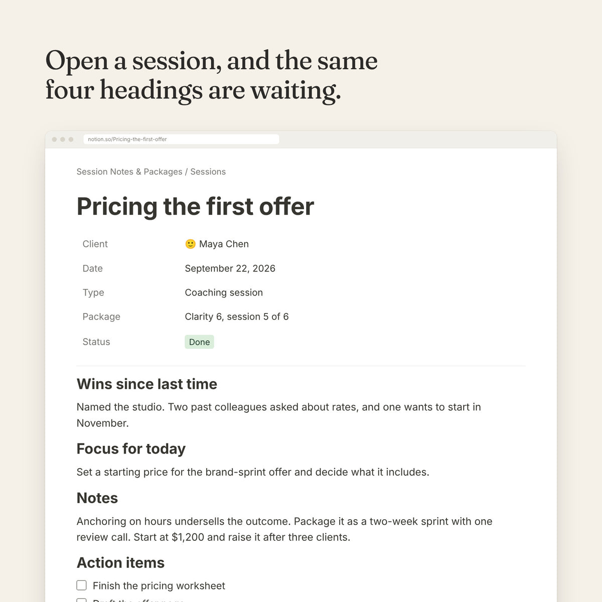 A session page with wins, focus, notes and action items headings