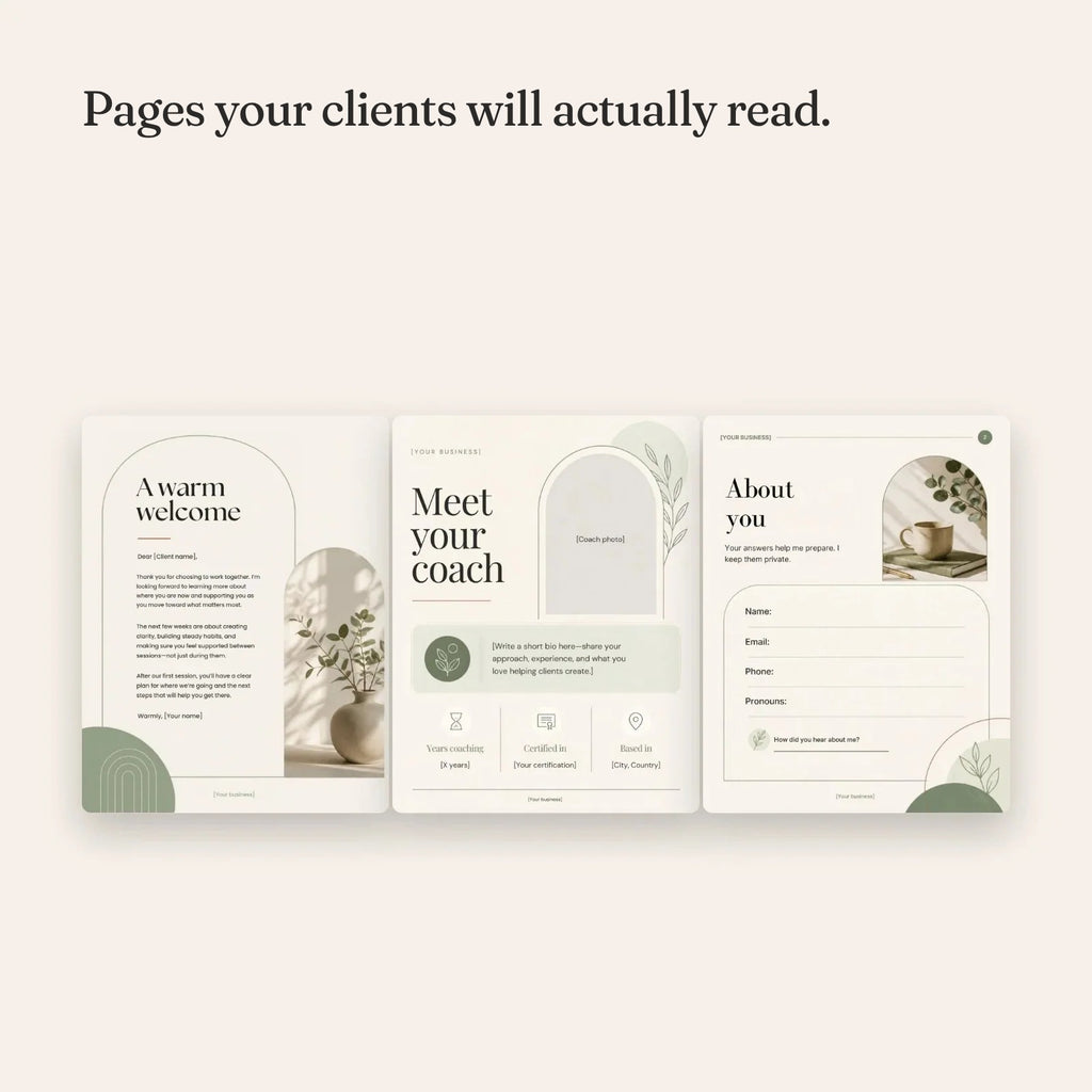 Inside pages of the welcome packet and intake form templates